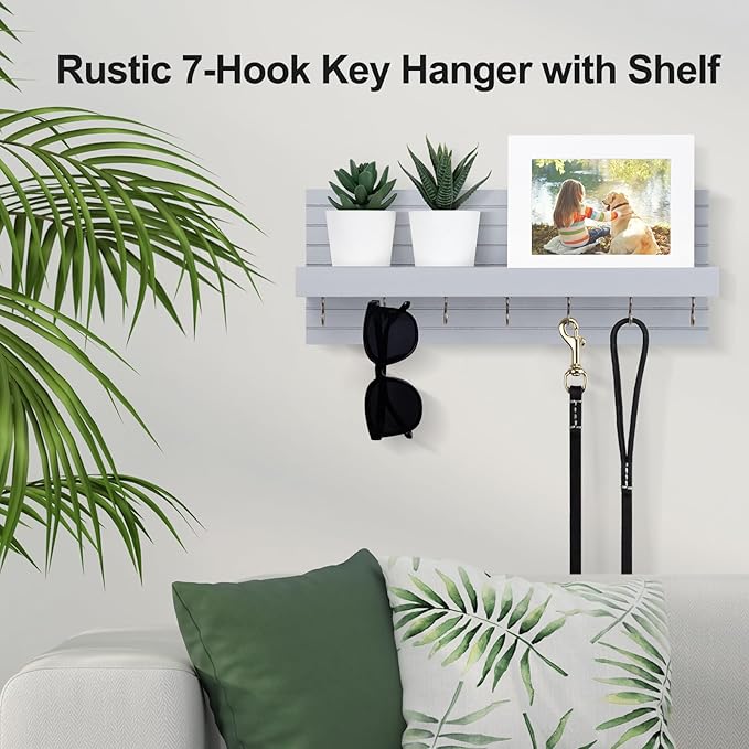 Decorative Key Holder for Wall with Shelf, Entryway Shelf with Hooks Holds Leashes, Jackets and Glasses – Sturdy Wood Keyholder Entrance Hanger with Mounting Hardware (Gray, Large)
