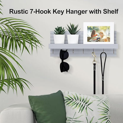 Decorative Key Holder for Wall with Shelf, Entryway Shelf with Hooks Holds Leashes, Jackets and Glasses – Sturdy Wood Keyholder Entrance Hanger with Mounting Hardware (Gray, Large)