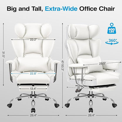 Office Chair Comfy, Big and Tall Executive Leather Chair, High Back Ergonomic Wide Chair with Footrest, Reclining Computer Desk Chair, Heavy Duty Gaming Chair with Padded Arm and Pillow, White