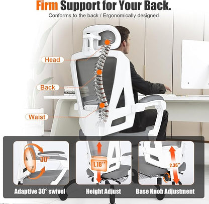 Ergonomic Office Chair with Footrest, High Back Swivel Mesh Desk Chair, Big and Tall Rolling Computer Chair with Headrest, Lumbar Support, 3-Level Tilt Backrest for Home, Bedroom, Work