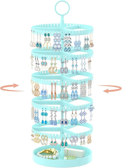 iDavosic.ly 5 Tier Rotating Earring Holder Organizer with Metal Tray, Adjustable Plastic Dangle Display Stands Tree with 285 Grooves, Large Hoop Storage Rack Tower, Blue