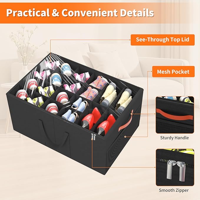 Aokeyee Shoe Organizer for Closet, 2 Pack Large Shoe Storage Box Fits up to 24-48 Pairs, Space Saving Foldable Shoes Organizer Bin w/Clear Cover and 4 Reinforced Handles, Black