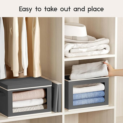 Collapsible Storage Bins with Lids - Stackable Storage Containers with Window, 3 Pack Fabric Bins for Closet, Home & Office Organization Baskets, Dark Gray, 14.9" x 9.8" x 9.8"