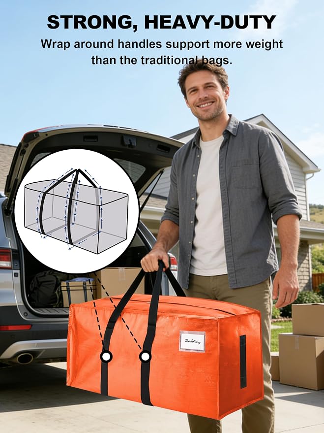 HOMESURE Supports 200lbs Heavy Duty Moving Bags - Strong Zipper & Wrap-Around Handles - Water-Resistant Storage Totes, Durable Alternative to Moving Boxes - 8 Pack - Orange