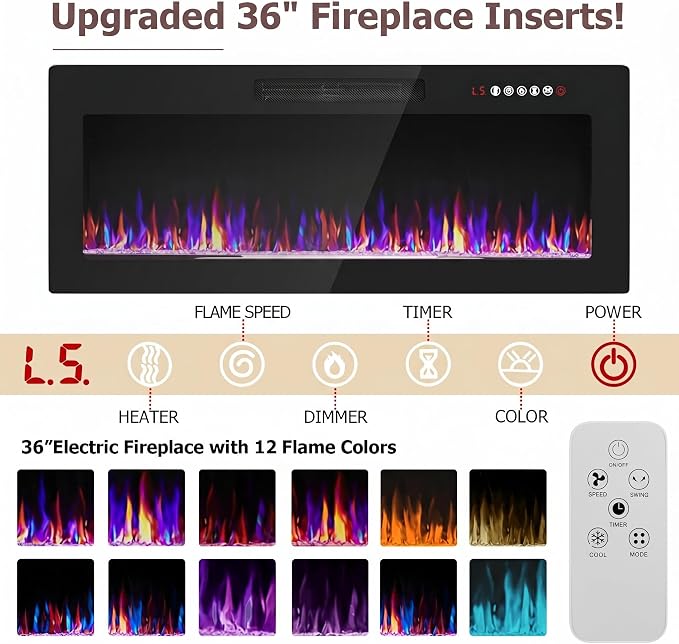 PRETZI Fireplace TV Stand with 36" Fireplace Up to 90" TVs, 80" Entertainment Center with LED Lights, Remote Control, TV Media Console with Storage Cabinets for Living Room, White