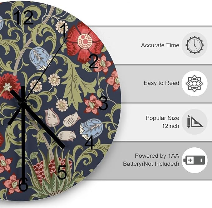 Retro Floral Wall Clock Silent Non Ticking Battery Operated, Vintage William Morris Style Blue Garden Plants Herbs Red Flowers Clock Decorative for Bathroom Kitchen Bedroom Living Room(12 Inch)