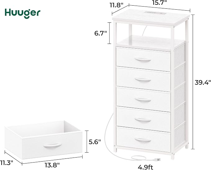 Huuger White Dresser with 5 Drawers & Charging Station, Tall Dresser for Bedroom, Tall Night Stand with PU Leather Finish, Open Shelf, Nightstand for Bedroom, Closet, Hallway, Entryway