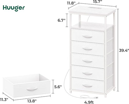 Huuger White Dresser with 5 Drawers & Charging Station, Tall Dresser for Bedroom, Tall Night Stand with PU Leather Finish, Open Shelf, Nightstand for Bedroom, Closet, Hallway, Entryway