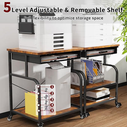 TFK 3-Tier Printer Stand with Drawer, Adjustable Shelf, Rolling Casters, 23.6 x 18.9 x 30 Inch Heavy Duty Printer Cart for Home Office, Large Printers, 3D Printers, Fax & Heat Press, Brown