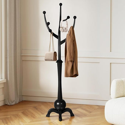 Wooden Coat Rack Freestanding with 8 Hooks, Heavy Duty Coat Hanger Stand with Stable Base, Vintage Coat Tree Standing Coat Racks for Entryway, Hallway, Bedroom (Black)