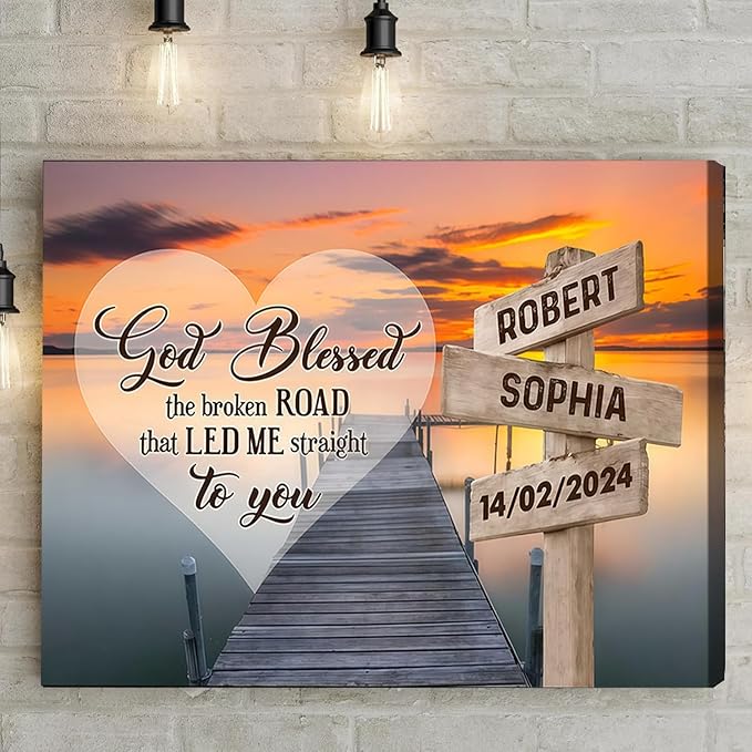 Love Signal Personalized Couple Canvas Wall Art, Custom Valentines Day, Anniversary, Wedding, Birthday Gift for Couples, Husband, Wife Customizable Name and Photo Wall Decor for Bedroom Living Room