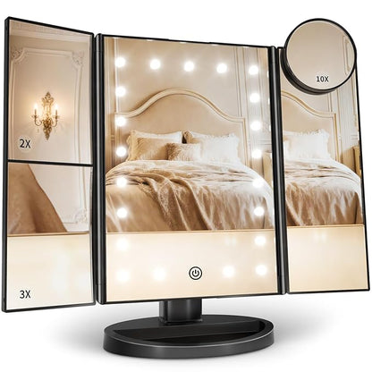 HUONUL Makeup Mirror, Vanity Mirror with Lights, 2X/3X/10X Magnification, Touch Control, Trifold, Dual Power Supply, Valentines Day Gifts for Her,Gifts for Women, Wife, Mom, Girls,Dorm Room Essentials