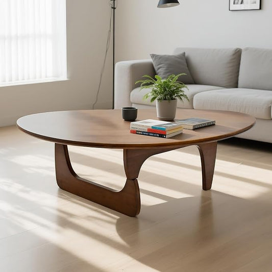 Modern Triangle Coffee Table: Unique Funky Soild Wood Coffee Tables for Living Room, Wooden Oval Mid-Century Modern Abstract Tea Tables for Patio Office Balcony (Walnut, 33" L x 22" W x 16" H)