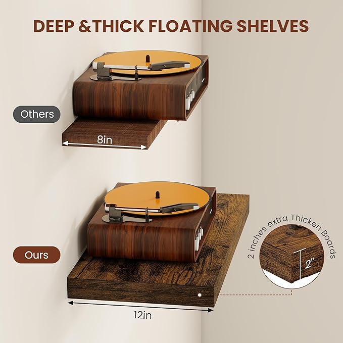 Vivelove 12" Deep Floating Shelves Over Toilet, 24" Wall Shelves for Bathroom Bedroom Kitchen Living Room Laundry Room, Farmhouse Rustic Shelves for Home Decor, 24" X 12" X 2" Set of 2, Rustic Brown