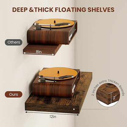 Vivelove 12" Deep Floating Shelves 47.2" Long, Wall Shelves for Living Room Bedroom Bathroom Kitchen Laundry Room, Farmhouse Rustic Shelves for Home Decor, 47.2" X 12" X 2" Set of 2, Rustic Brown