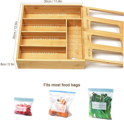 DUJEN Plastic Bag Organizer for Drawer, Bamboo Food Storage Bags Container Organizer with Slider, Baggie Bags Storage for Drawer Compatible with Gallon, Sandwich Variety Size Bags