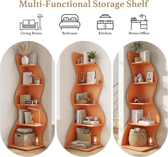 Arvolia 70 Inch Corner Bookshelf, Modern 5-Tier Small Bookshelf with Unique Curved Design, Freestanding Vertical Storage Shelf for Living Room, Bedroom or Home Office(Orange)