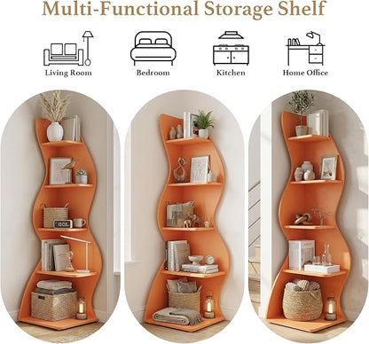 Arvolia 70 Inch Corner Bookshelf, Modern 5-Tier Small Bookshelf with Unique Curved Design, Freestanding Vertical Storage Shelf for Living Room, Bedroom or Home Office(Orange)