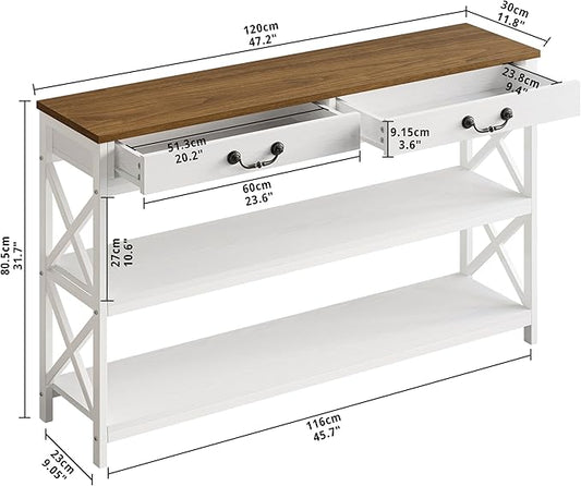 IRONCK Farmhouse Console Table, Sofa Table with Drawer, Narrow Long Entry Table with 2 Shelf for Entryway, Living Room, Hallway, White/Walnut