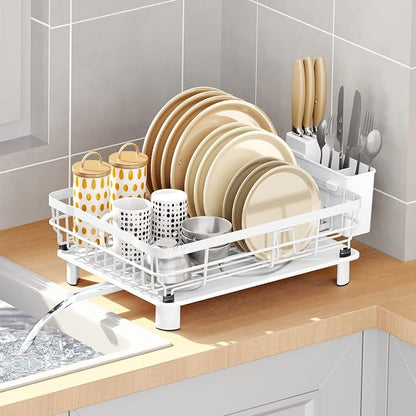 AIDERLY Metal Dish Drying Rack Automatic Drainage, White, Large | Removable Cutlery Basket, Drainboard & Knife Slots, Dish Drainers, for Kitchen Counter Sink