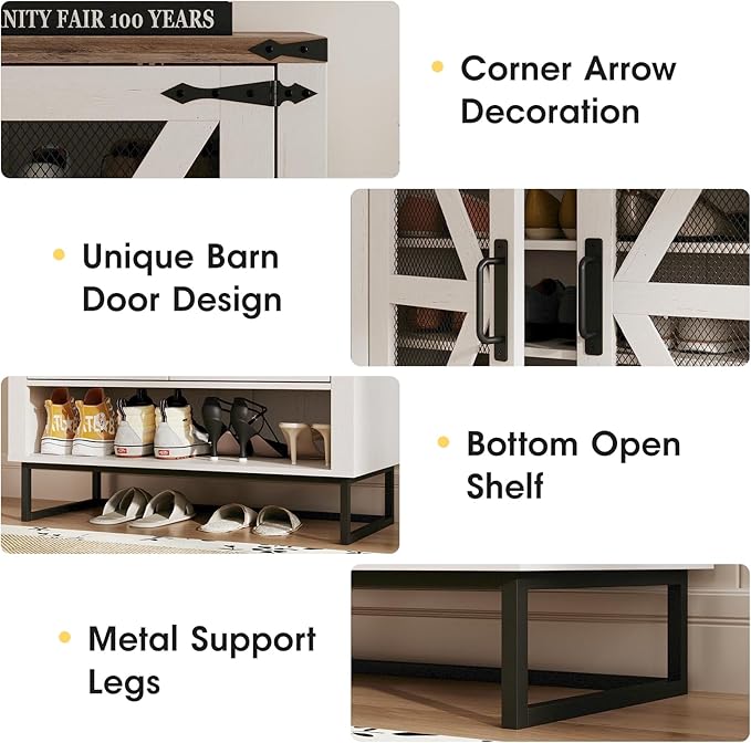 Maupvit 42.1" Farmhouse Shoe Cabinet with Ventilated Mesh Doors, 6-Tier Shoe Storage Cabinet with Adjustable Shelves & Metal Legs, Rustic Wooden Shoe Rack Organizer for Entryway, Hallway, Foyer, White