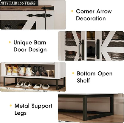 Maupvit 42.1" Farmhouse Shoe Cabinet with Ventilated Mesh Doors, 6-Tier Shoe Storage Cabinet with Adjustable Shelves & Metal Legs, Rustic Wooden Shoe Rack Organizer for Entryway, Hallway, Foyer, White