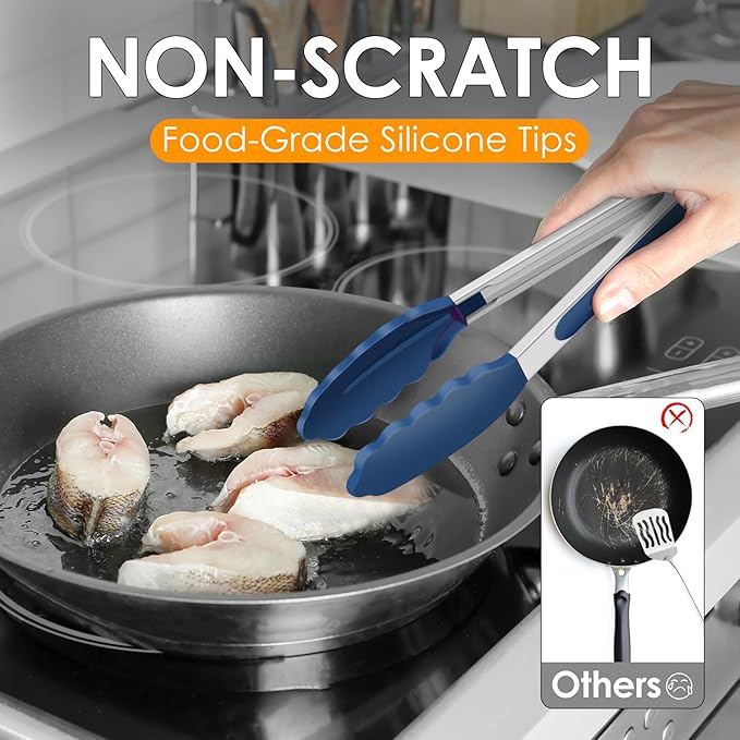 HOTEC Premium Stainless Steel Locking Kitchen Tongs with Silicon Tips, Set of 2-9" and 12", Classic Blue