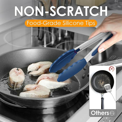 HOTEC Premium Stainless Steel Locking Kitchen Tongs with Silicon Tips, Set of 2-9" and 12", Classic Blue
