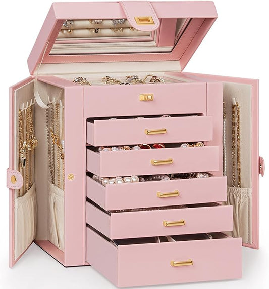 AKOZLIN 6-Tier Jewelry Box Organizer Functional 5 Drawers Leather Jewelry Storage Case for Women Girls Ring Necklace Earring Bracelet Holder Organizer with Mirror Medium Pink