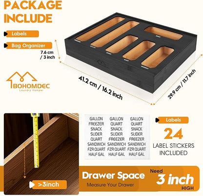 6 in 1 Bamboo Ziploc Bag Storage Organizer, Black Baggie Organizer for Drawer with Sliding Lid - Fits Gallon, Quart, Sandwich, Snack & Freezer Bags, Wall Mountable Kitchen Drawer Organization