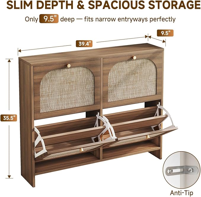 Nicetree Freestanding Ultra Slim Arched Rattan Accent Shoe Storage Cabinet for Entryway - 4 Flip Drawers & 3-Tier Adjustable Shelves, Farmhouse Modern Rustic Shoe Rack for Hallway, Foyer Oak