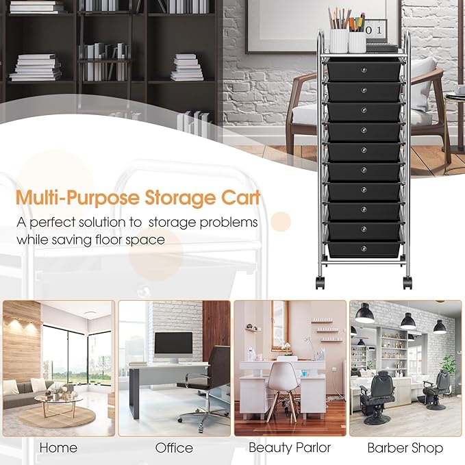 RELAX4LIFE 10 Drawer Rolling Cart, Slim Storage Cart w/Lockable Wheels for Classroom School Teacher Office, Art Supplies Paper Scrapbook Craft Organizers, Utility Cart with Drawers (Black)