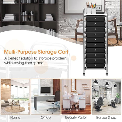 RELAX4LIFE 10 Drawer Rolling Cart, Slim Storage Cart w/Lockable Wheels for Classroom School Teacher Office, Art Supplies Paper Scrapbook Craft Organizers, Utility Cart with Drawers (Black)
