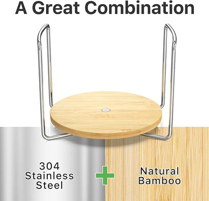 Dish Rack for Kitchen Counter - Bamboo Plate Organizer for Cabinet Space Saver, 2Pcs Adjust 8.5" to 12.5" Stainless Steel Plate and Bowl Holder with Portable Handle for Drawer Cupboard Shelf RV