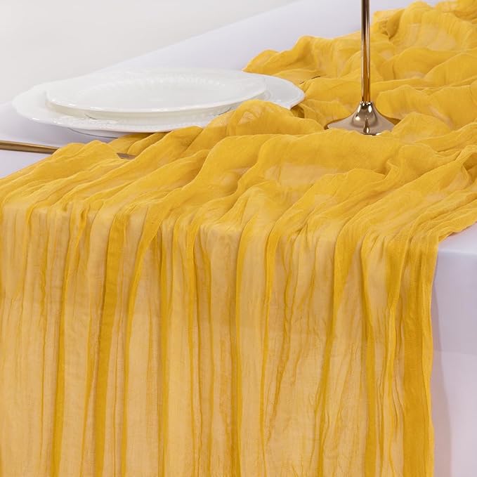 Socomi Gold Yellow Cheesecloth Table Runner Valentine's Day Boho Rustic Gauze 120 inch 10FT Cheese Cloth Runner for Wedding Party Baby Shower Birthday Home Decor Holiday Decorations