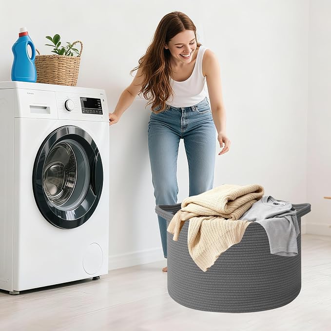 115L Extra Large Blanket Basket,Woven Rope Laundry Basket Hamper with Handles, Decorative Nursery Basket Storage Bin for Toys, Clothes Organizer, Living Room, Bedroom, Bathroom, Dark Gry
