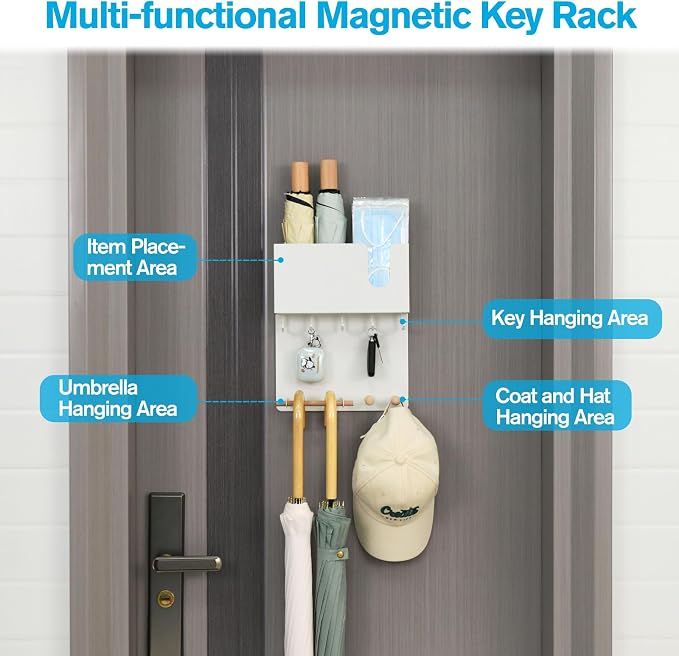 Magnetic Key Holder & Umbrella Holder for Wall, Multi-Functional Entryway Shelf for Tissues. Sturdy Hooks for Keys, Bags. Space Saving Organizer for Apartment, Dorm Room (White)