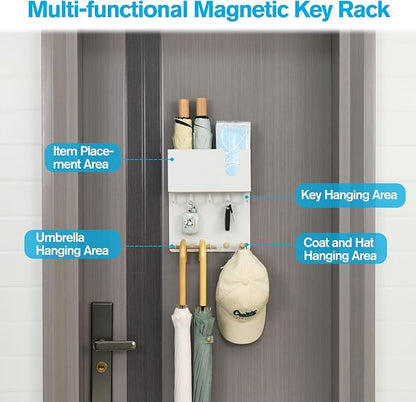 Magnetic Key Holder & Umbrella Holder for Wall, Multi-Functional Entryway Shelf for Tissues. Sturdy Hooks for Keys, Bags. Space Saving Organizer for Apartment, Dorm Room (White)