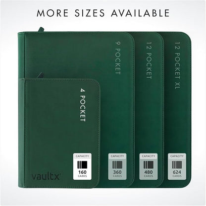 Vault X 4 Pocket Zip Binder, 160 Cards, Exo-Tec Material, 20 Side-Loading Pages (Green)