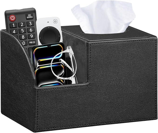 PU Leather Square Tissue Box Cover - Multi-Functional Tissue Box Holder, Tissue Box Cover with Storage,Tissue and Remote Control Holder, Cube Tissue Box Organizer Bedroom Nightstand End Table