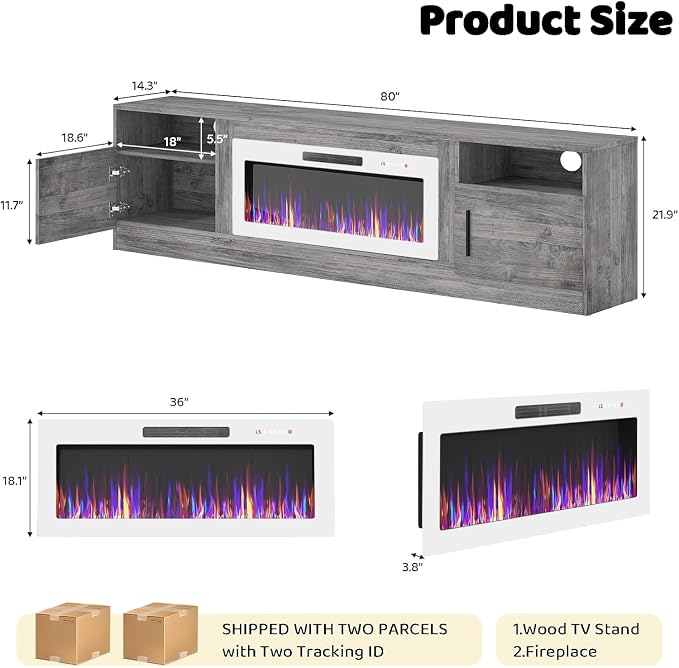 Lemberi Fireplace tv Stand with 36 inch White Fireplace Up to 90" TVs, LED Light Entertainment Center and Storage, 80" Modern Wood Media TV Console with Highlight Cabinet for Living Room (Gray)