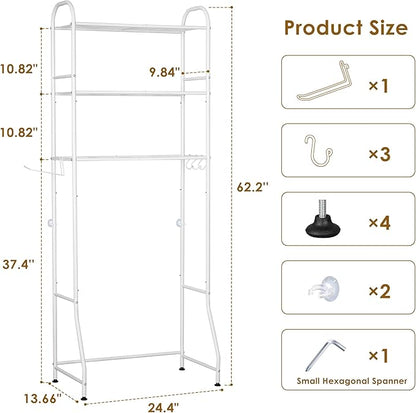 3-Tier Over The Toilet Storage Rack - Freestanding Bathroom Shelf Organizer with Toilet Paper Holder & 3 Hooks, Space-Saving Sturdy Rust-Resistant Design, 62" H White