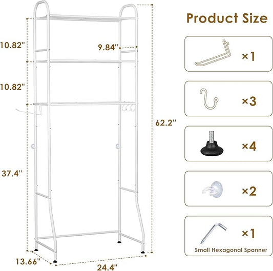 3-Tier Over The Toilet Storage Rack - Freestanding Bathroom Shelf Organizer with Toilet Paper Holder & 3 Hooks, Space-Saving Sturdy Rust-Resistant Design, 62" H White