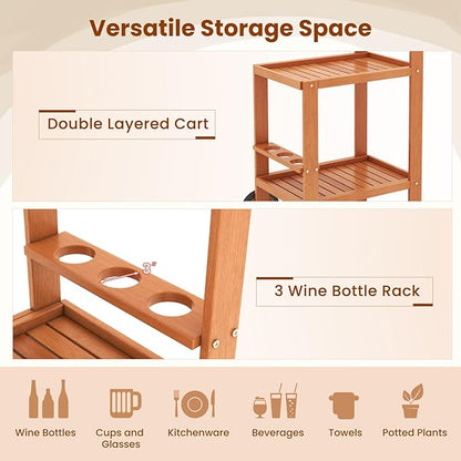 Giantex Wood Bar Cart, 2 Tier Side Table with Large Wheels & Wine Bottle Rack, Home Bar Serving Cart with Teak Oil Finish, Indoor & Outdoor Mobile Beverage Cart for Home, Poolside, Patio