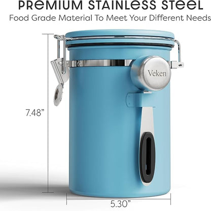 Veken Coffee Canister with Window, Airtight Stainless Steel Kitchen Food Storage Container with Lids, Date Tracker and Scoop for Ground, Beans, Tea, Flour, Cereal, Sugar Jars, 22OZ, Blue