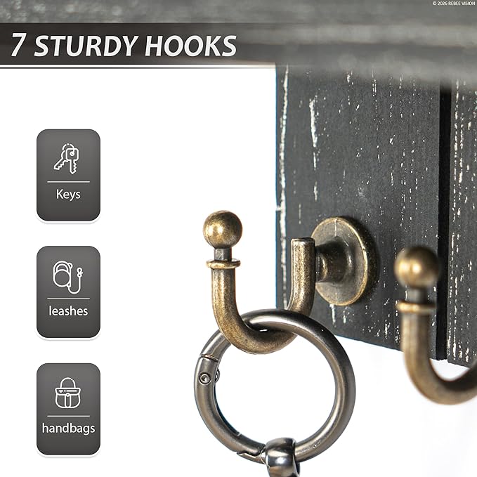 Rebee Vision Rustic Key Holder Wall Mount for Home Decor - Farmhouse Key Holder for Wall with Floating Shelf & 7 Sturdy Hooks - Stylish Mail Organizer to Tidy Apartment Essentials (Old Black)