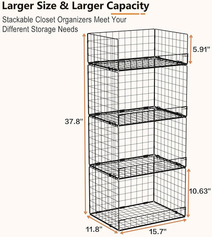 4 Tier Stackable Closet Organizers and Storage Shelves, Foldable Closet Shelf Organizer System, Stackable Storage Bins Drawers for Clothes Organizer System, Black（Patent No. 30022416）