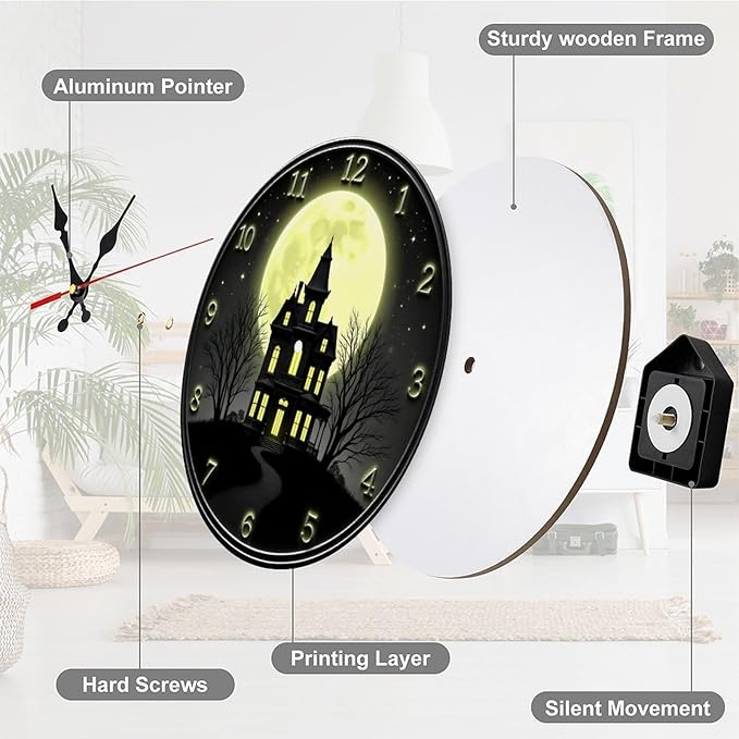 Wall Clock, Spooky Haunted House Non Ticking Wall Clocks Battery Operated, Black Wooden Wall Clocks for Living Room, Kitchen, Bedroom Decorative 10 Inch