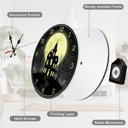 Wall Clock, Spooky Haunted House Non Ticking Wall Clocks Battery Operated, Black Wooden Wall Clocks for Living Room, Kitchen, Bedroom Decorative 10 Inch