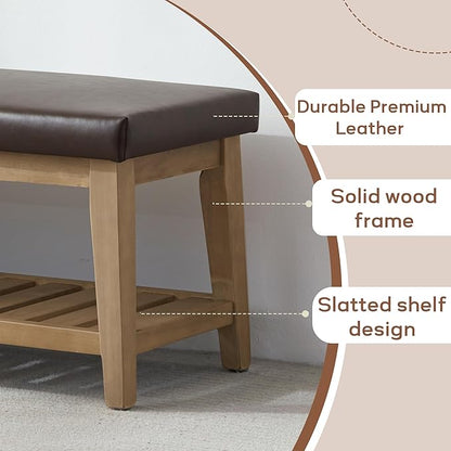 HUIMO Entryway Shoe Bench with Cushion, End of Bed Bench,Upholstered Bench for Kitchen, Bench with Solid Wood Shelf, Leather Ottoman Bench for Hallway, Living Room (PU-Brown)
